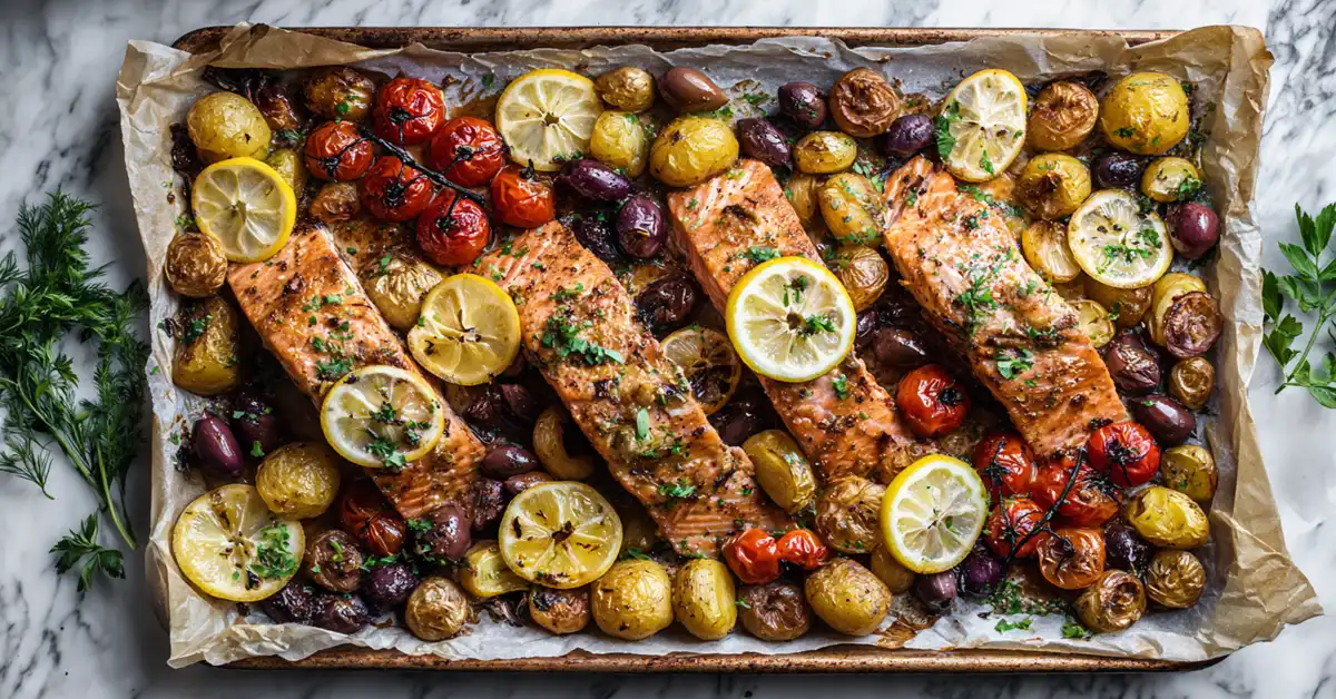Mediterranean sheet pan salmon with roasted vegetables lemon and olives