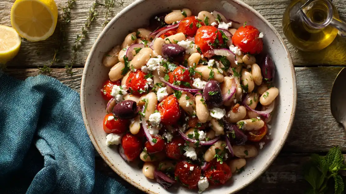 Mediterranean White Bean Salad with cannellini beans, tomatoes, olives, and fresh herbs in a white bowl