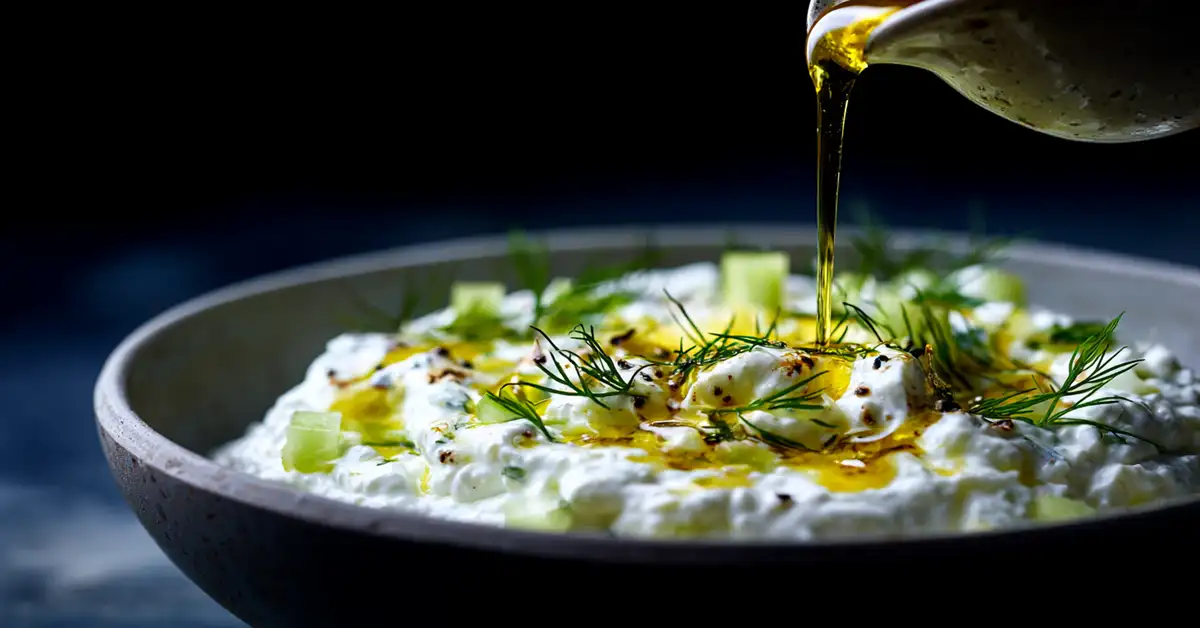 olive-oil-drizzle-tzatziki-dip-finish Drizzling extra virgin olive oil over finished cottage cheese tzatziki dip