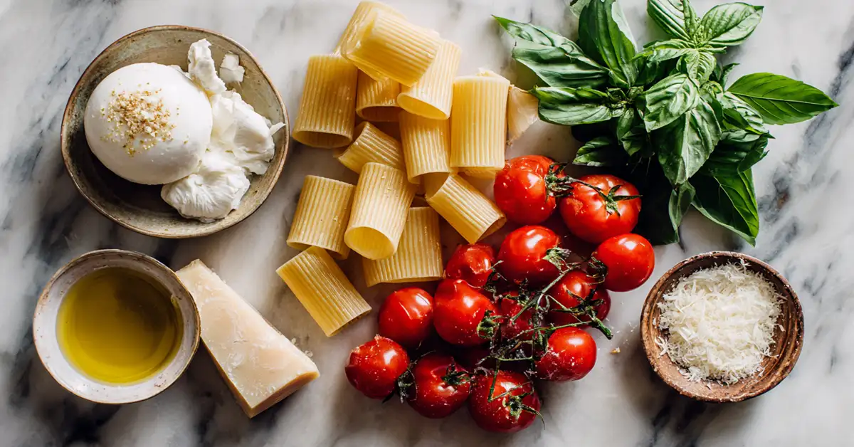 pasta-alla-sorrentina-ingredients-flat-lay Fresh ingredients for authentic pasta alla sorrentina recipe including mozzarella tomatoes basil and paccheri pasta