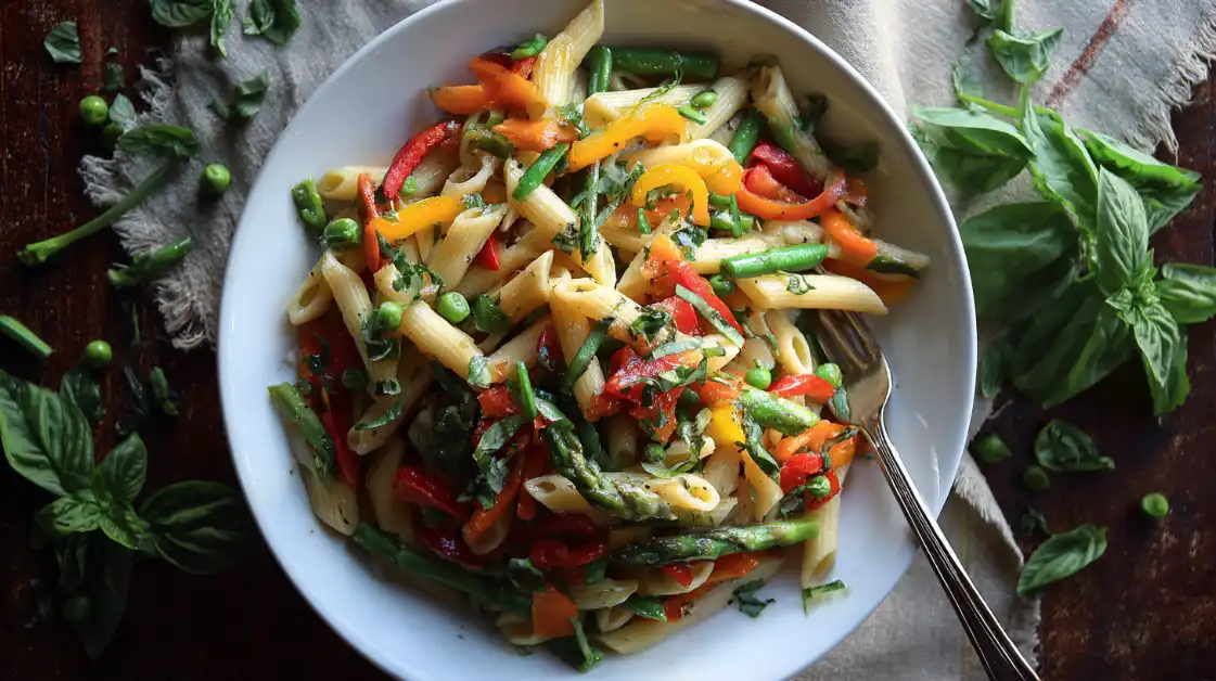 Pasta primavera with colorful spring vegetables in white serving bowl