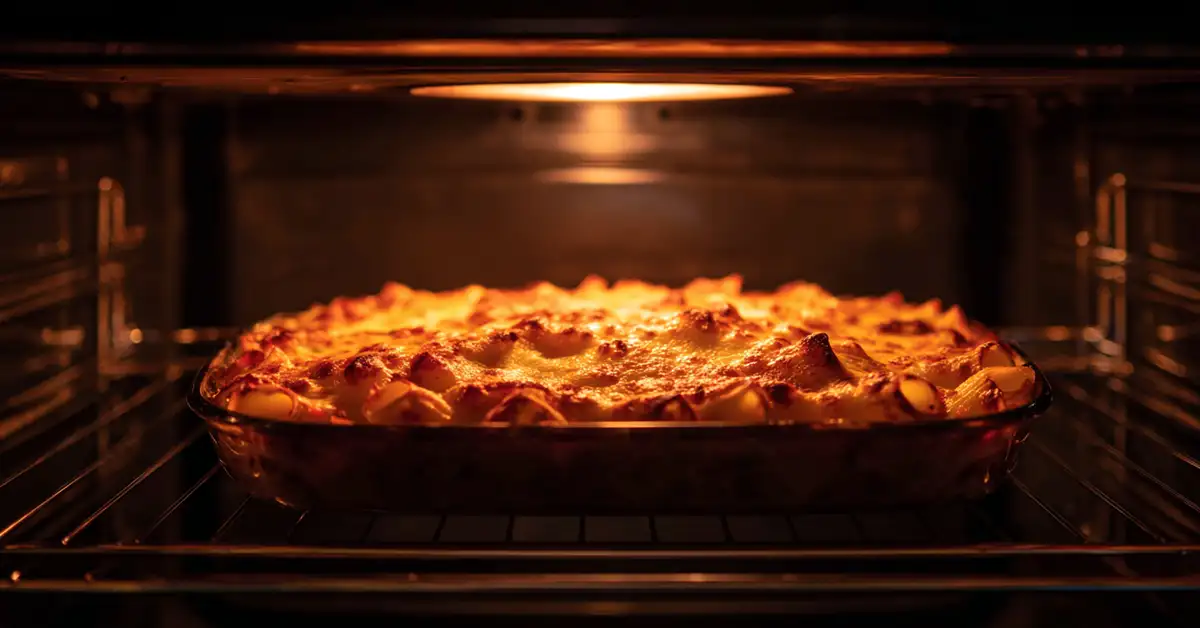 pasta-sorrentina-broiling-oven Pasta alla sorrentina broiling in oven with cheese bubbling golden