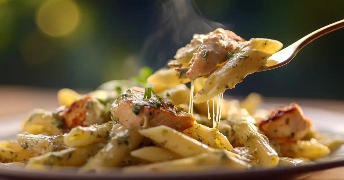 pesto-chicken-pasta-fork-bite-closeup Close up fork bite of pesto pasta bake showing creamy sauce tender chicken and stretchy mozzarella