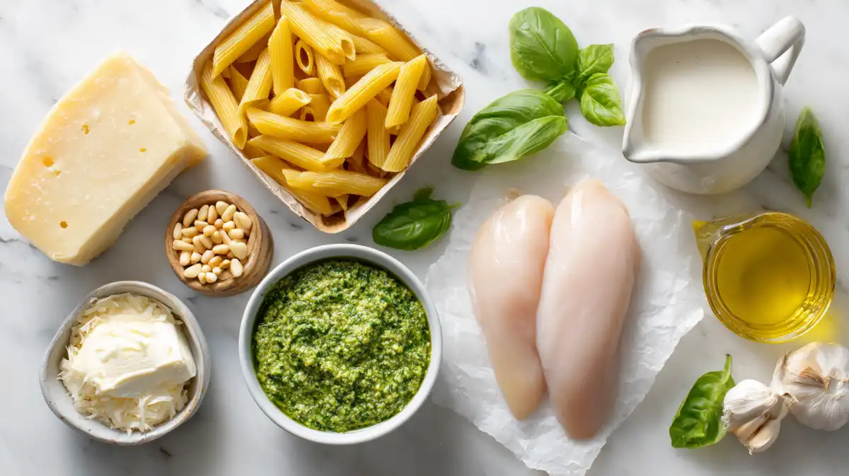 pesto-pasta-casserole-ingredients-flat-lay Ingredients for creamy pesto chicken pasta bake including penne pasta chicken breast fresh pesto mozzarella and Parmesan