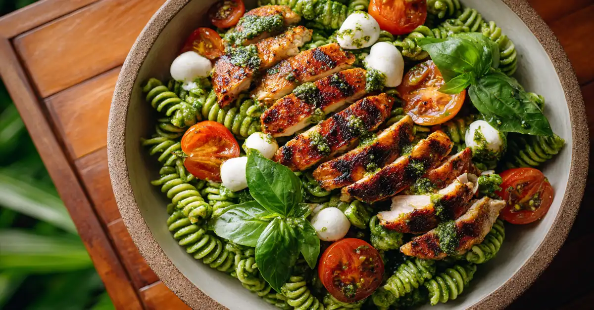 Pesto pasta with grilled chicken in white bowl with cherry tomatoes and mozzarella