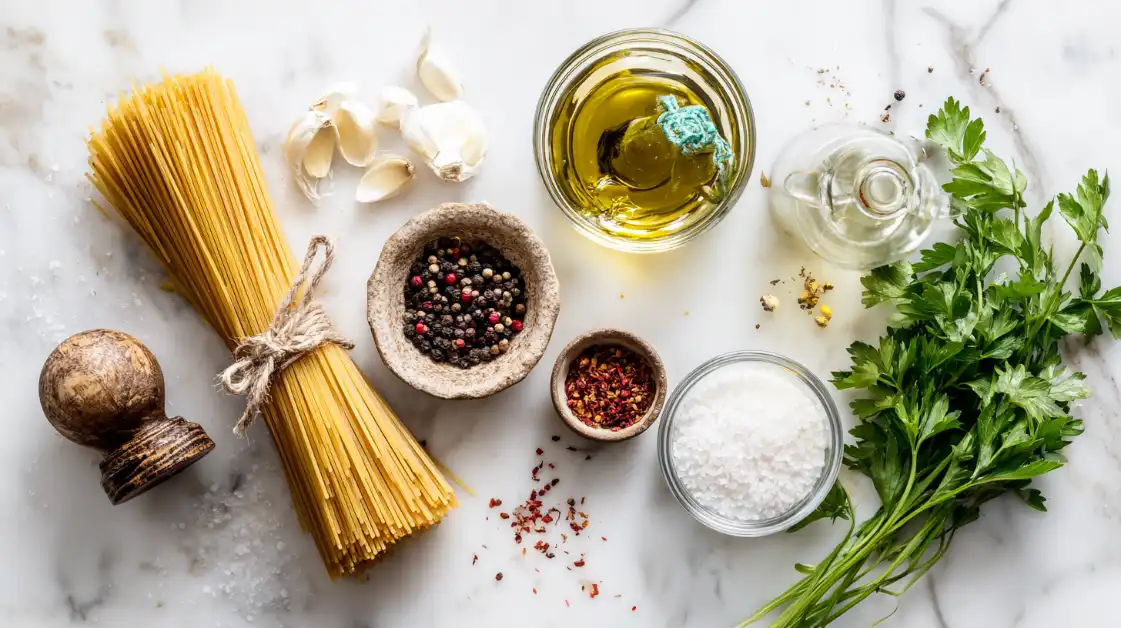 spaghetti-aglio-e-olio-ingredients-pantry-staples-italian-pasta Fresh ingredients for authentic spaghetti aglio e olio (extra virgin olive oil, Fresh parsley laid out on marble
