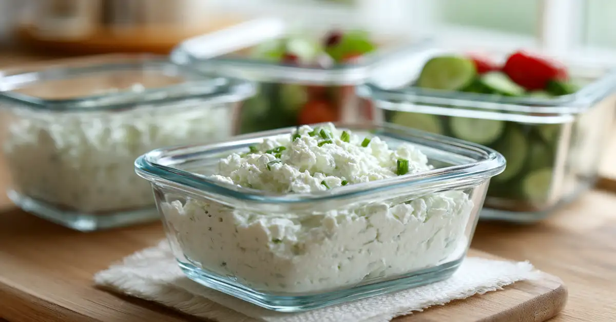 storing-cottage-cheese-tzatziki-meal-prep Storing cottage cheese tzatziki dip in airtight container with paper towel for freshness