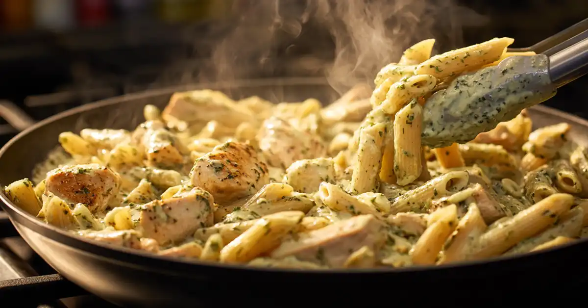 tossing-pasta-chicken-pesto-cream-sauce Tossing penne pasta and chicken in creamy pesto sauce for chicken pasta bake recipe