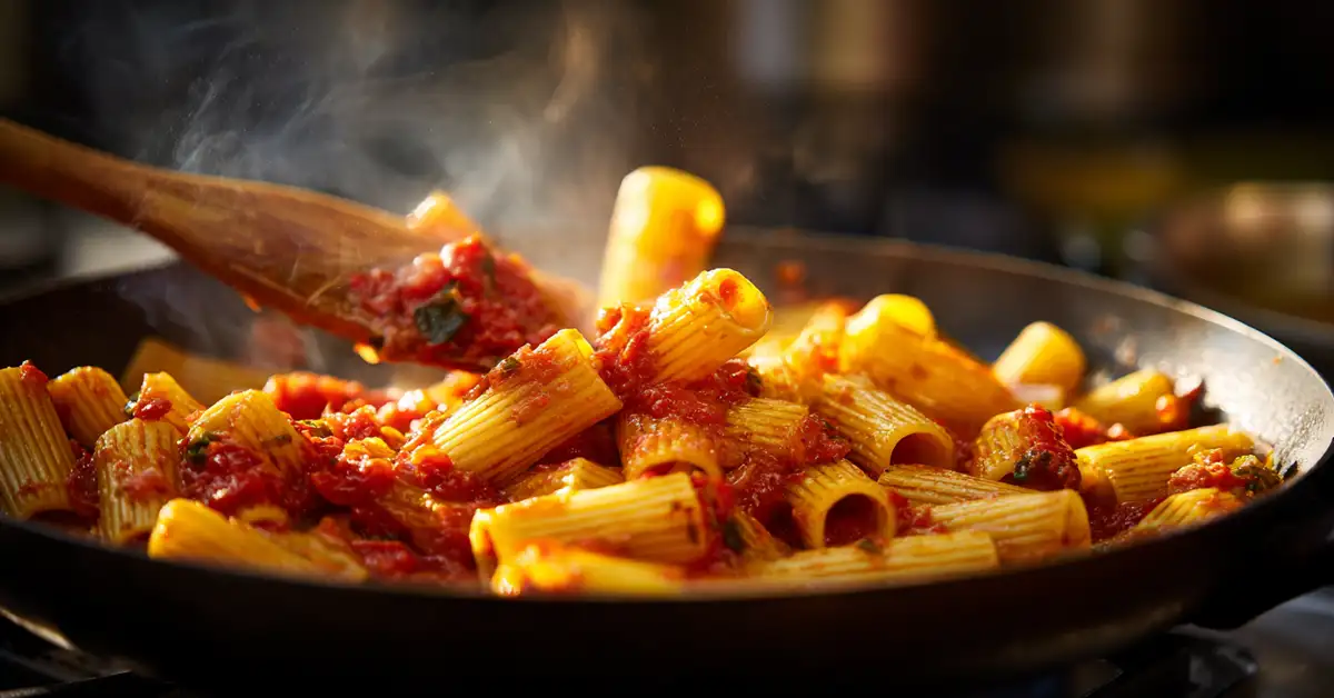tossing-pasta-tomato-sauce-action Tossing paccheri pasta with fresh tomato sauce for pasta alla sorrentina