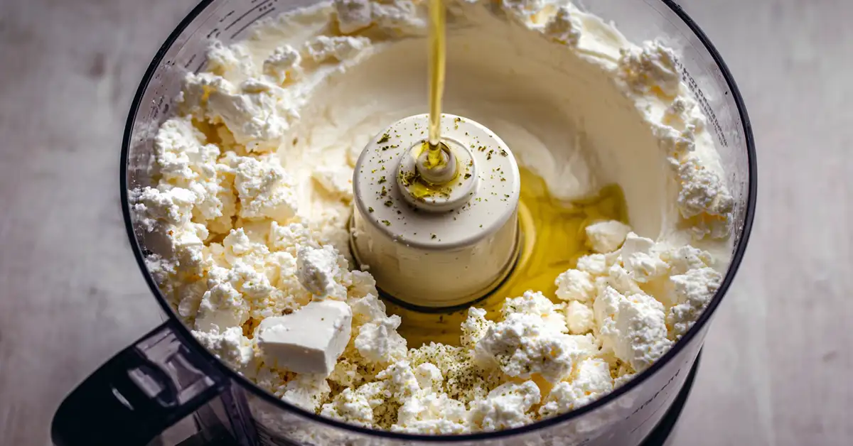 whipped-feta-drizzling-olive-oil-process 1. Whipped feta with hot honey preparation: olive oil drizzling into food processor with feta and yogurt