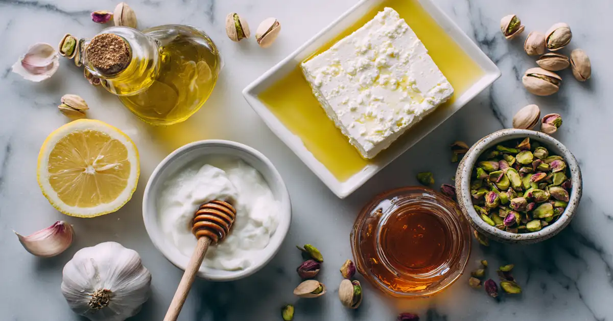whipped-feta-hot-honey-ingredients-flatlay Ingredients for whipped feta with hot honey including block feta cheese Greek yogurt olive oil lemon garlic and hot honey
