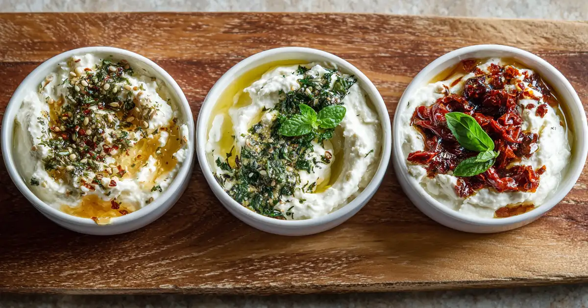 whipped-feta-recipe-variations-three-bowls Three variations of whipped feta dip including hot honey Mediterranean herb and sun-dried tomato versions