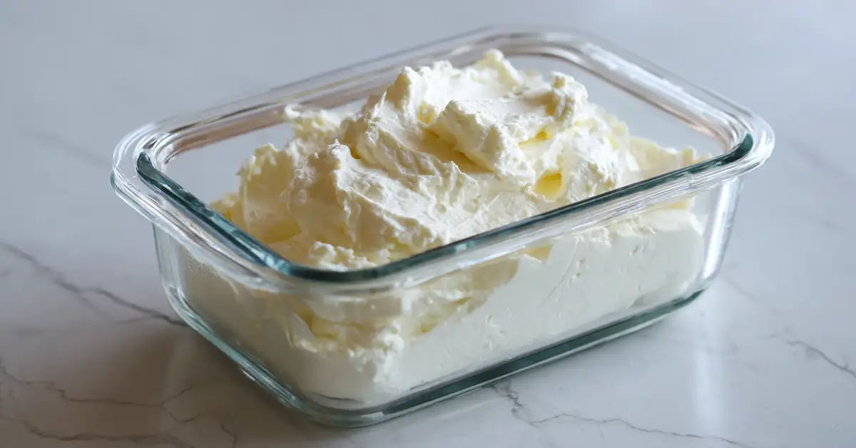 whipped-feta-storage-meal-prep-container Whipped feta dip base stored in airtight glass container, smooth and creamy Mediterranean feta spread ready for refrigeration