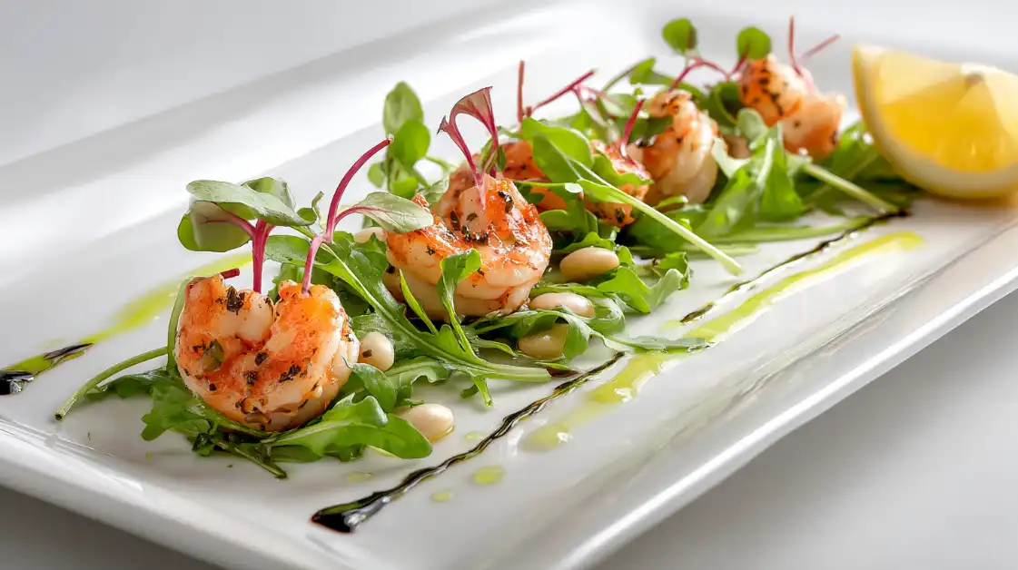 Elegant plated Mediterranean shrimp white bean salad with arugula and microgreens
