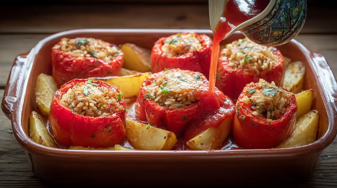 Adding tomato sauce around Greek gemista stuffed peppers before baking