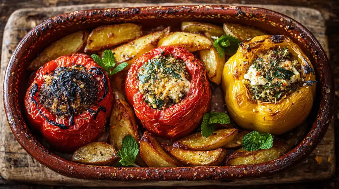 Gemista (Greek Stuffed Peppers) with golden potato wedges in rustic terracotta dish
