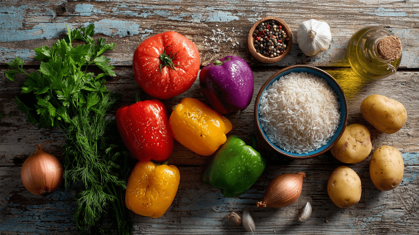 Fresh ingredients for Gemista (Greek stuffed peppers) including tomatoes, colorful bell peppers, bowl of arborio rice, fresh mint bunch, parsley, dill, whole garlic head, red onion, olive oil bottle, potatoes and Mediterranean herbs