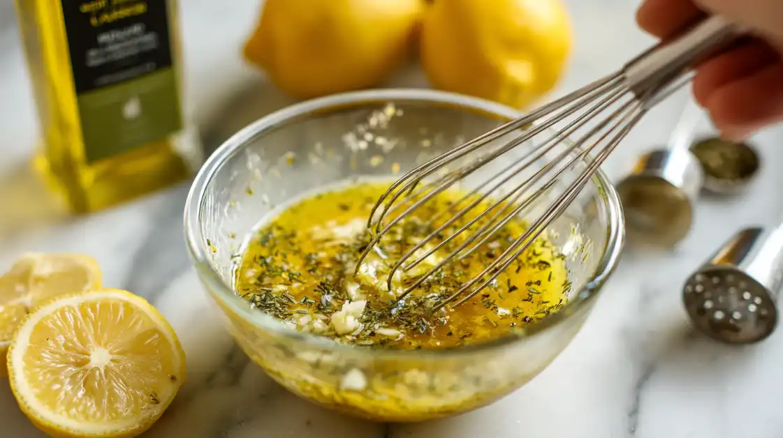 Whisking lemon herb dressing for Mediterranean shrimp white bean salad