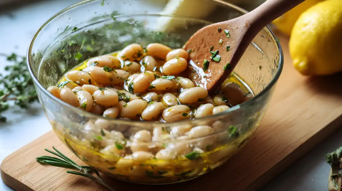 Cannellini beans tossed with lemon dressing for Mediterranean shrimp salad