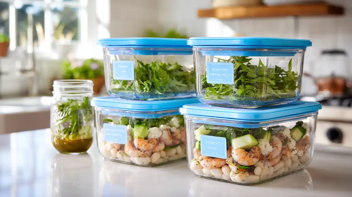 Meal prep containers with make ahead shrimp salad and separate arugula