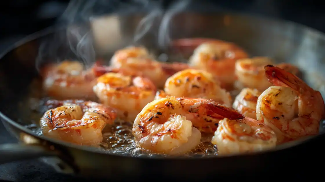 Large shrimp searing in skillet for Mediterranean shrimp white bean salad