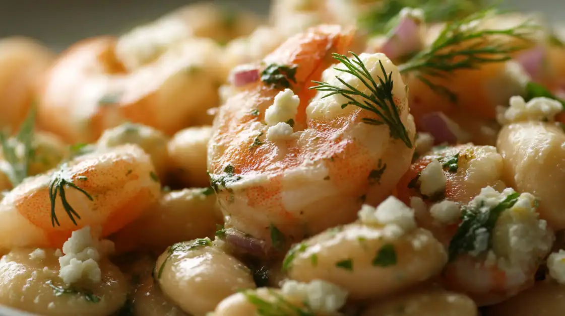 Close-up texture of Mediterranean shrimp salad showing beans, shrimp, and herbs