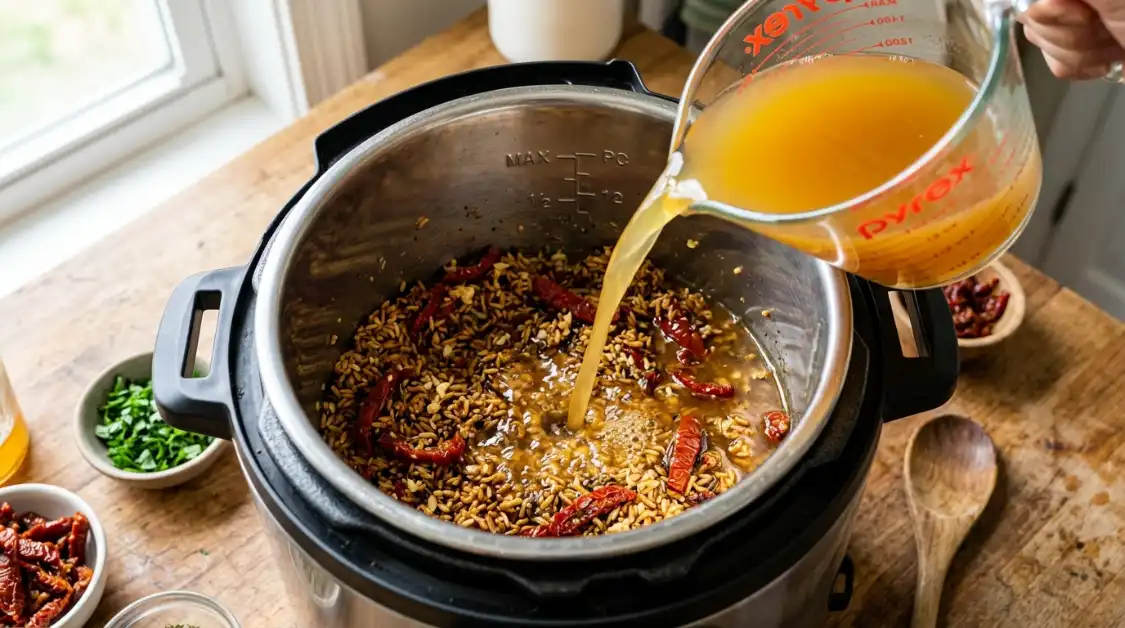adding-broth-instant-pot-risotto Adding vegetable broth to Instant Pot Mediterranean risotto