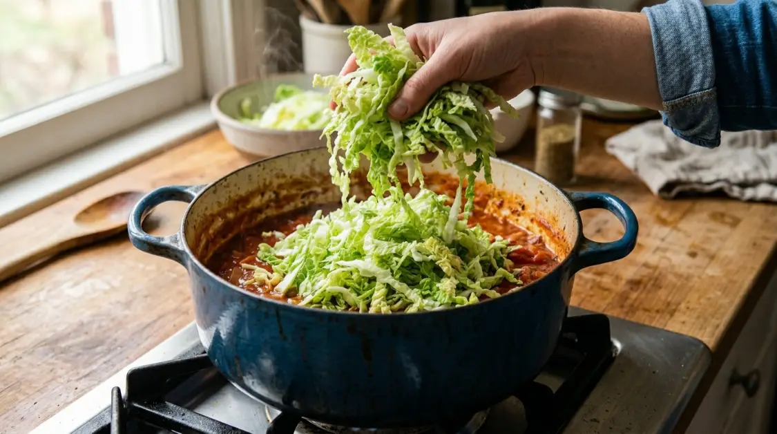 adding-cabbage-dutch-oven-mediterranean-soup Adding shredded cabbage to one-pot Mediterranean cabbage soup