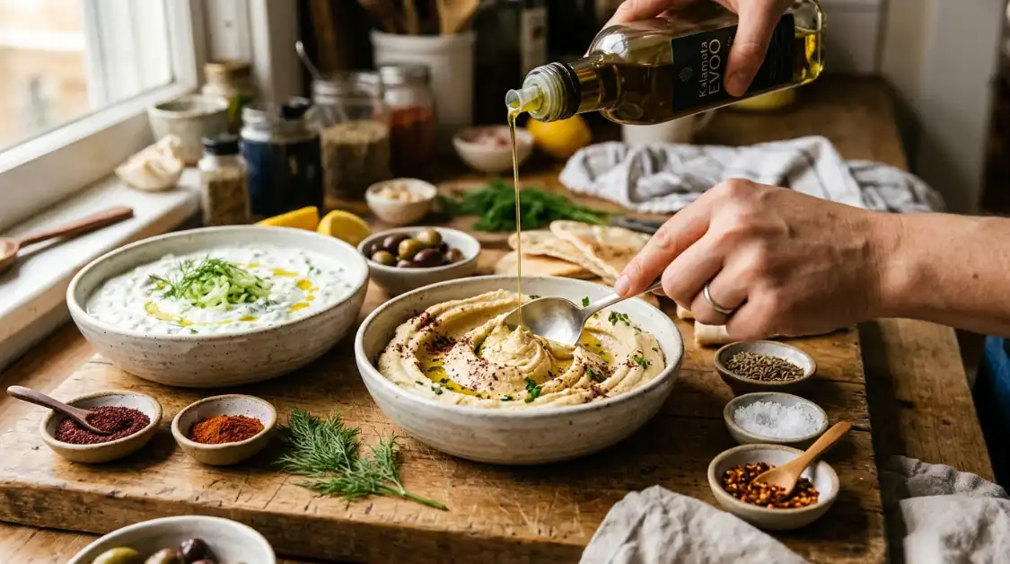 Spooning hummus and tzatziki into bowls on Mediterranean mezze platter board