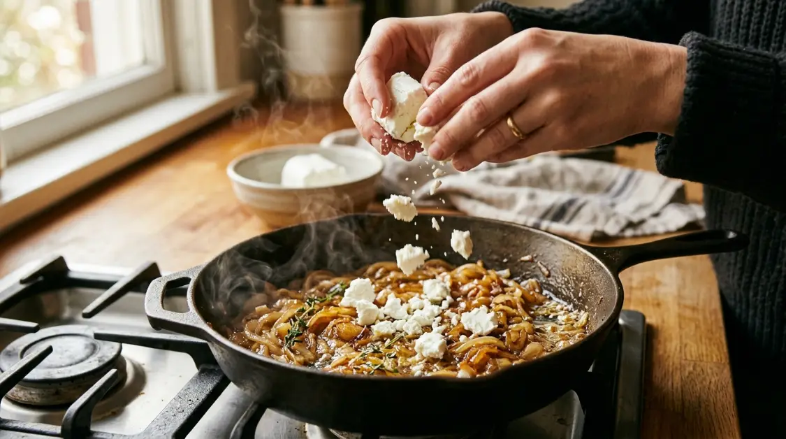 adding-goat-cheese-to-caramelized-onions Crumbling fresh goat cheese into caramelized onions in skillet for creamy pasta sauce