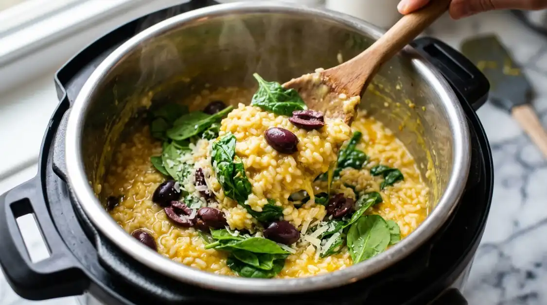 adding-mediterranean-toppings-risotto Folding spinach olives Parmesan into Instant Pot Mediterranean risotto