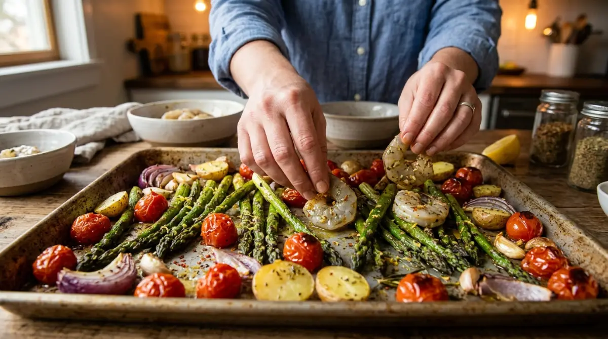 adding-shrimp-roasted-vegetables-sheet-pan Adding marinated shrimp to partially roasted vegetables on sheet pan