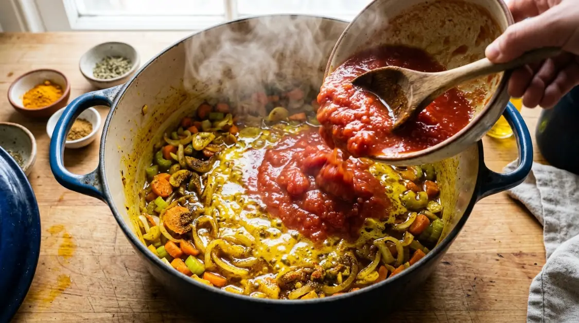 adding-tomatoes-spices-cabbage-soup Adding crushed tomatoes and spices to Mediterranean cabbage soup base