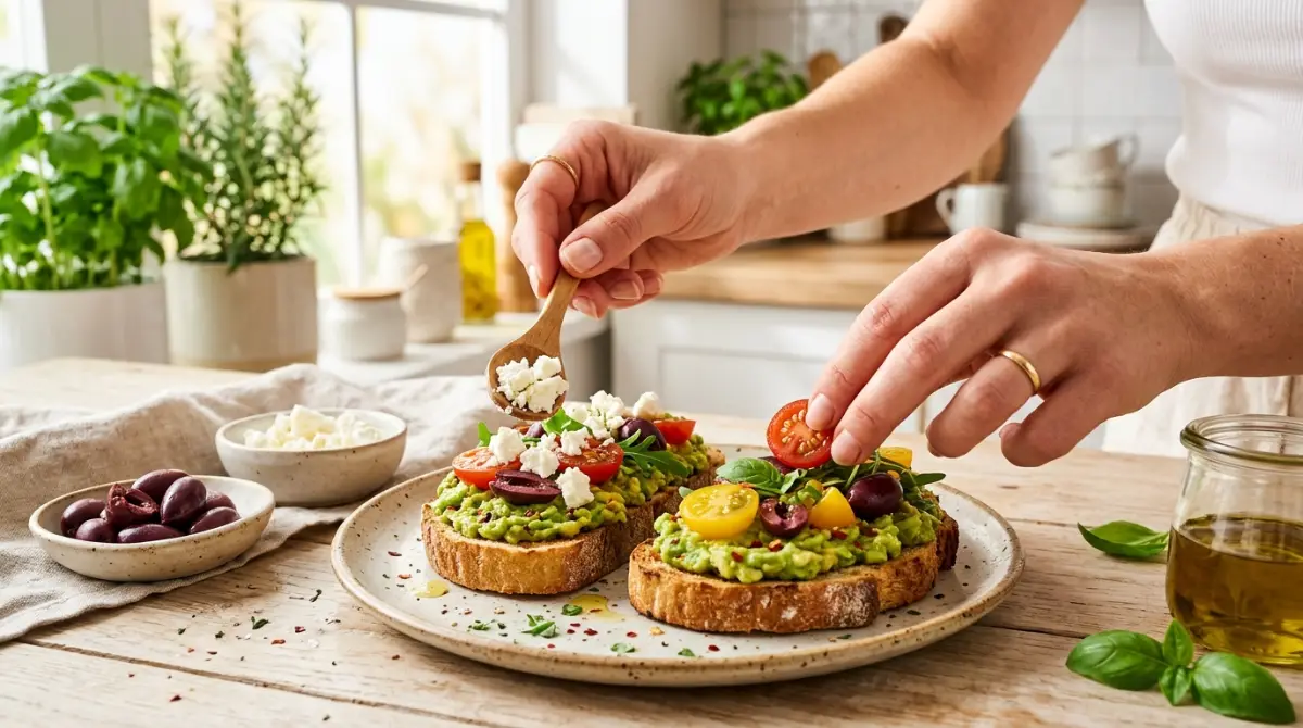 adding-toppings-avocado-toast-mediterranean-style Adding feta cheese, cherry tomatoes, and Kalamata olives as final toppings on Mediterranean avocado toast