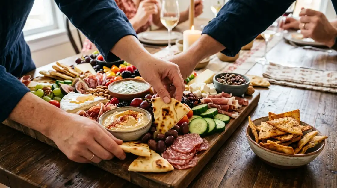 Tucking warm pita triangles and crackers into the ultimate Mediterranean mezze platter