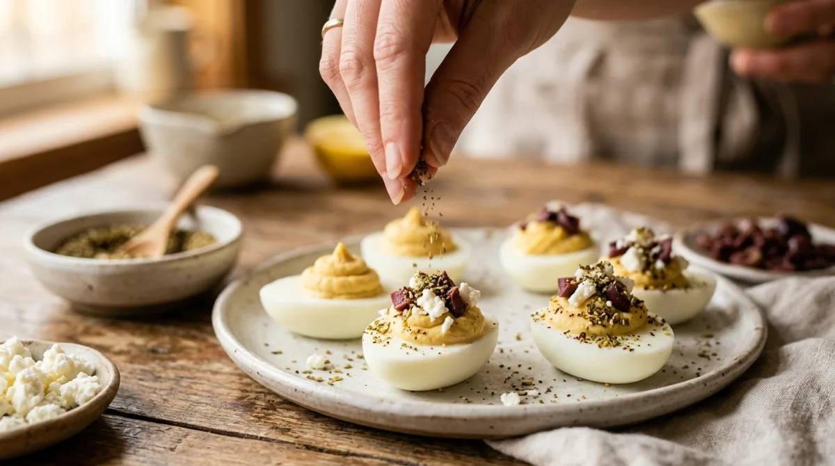 adding-zaatar-feta-toppings-hummus-deviled-eggs Sprinkling za’atar and adding feta toppings to Mediterranean hummus deviled eggs