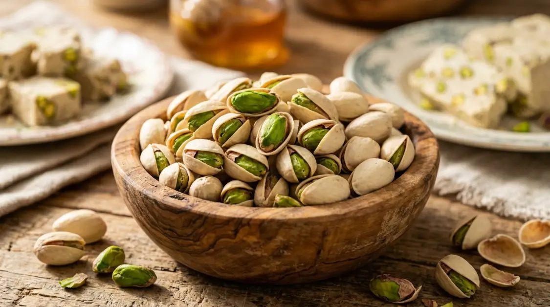 Raw Aegina pistachios close up for pistachio halva showing vivid green colour and fresh texture