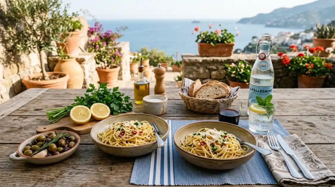 aglio-e-olio-mediterranean-dinner-table-setting Aglio e olio Mediterranean pasta dinner table setting