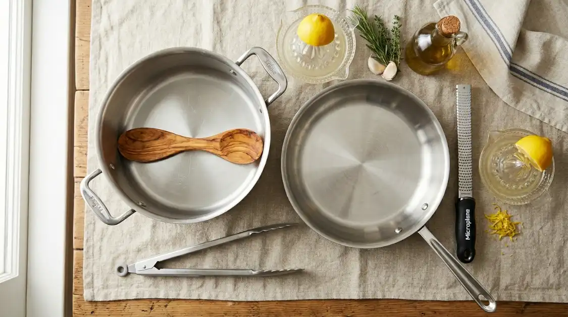 aglio-e-olio-mediterranean-equipment Equipment for making aglio e olio Mediterranean pasta :wide stainless-steel skillet, wooden spoon, tongs, microplane zester, large pasta pot, small lemon juicer