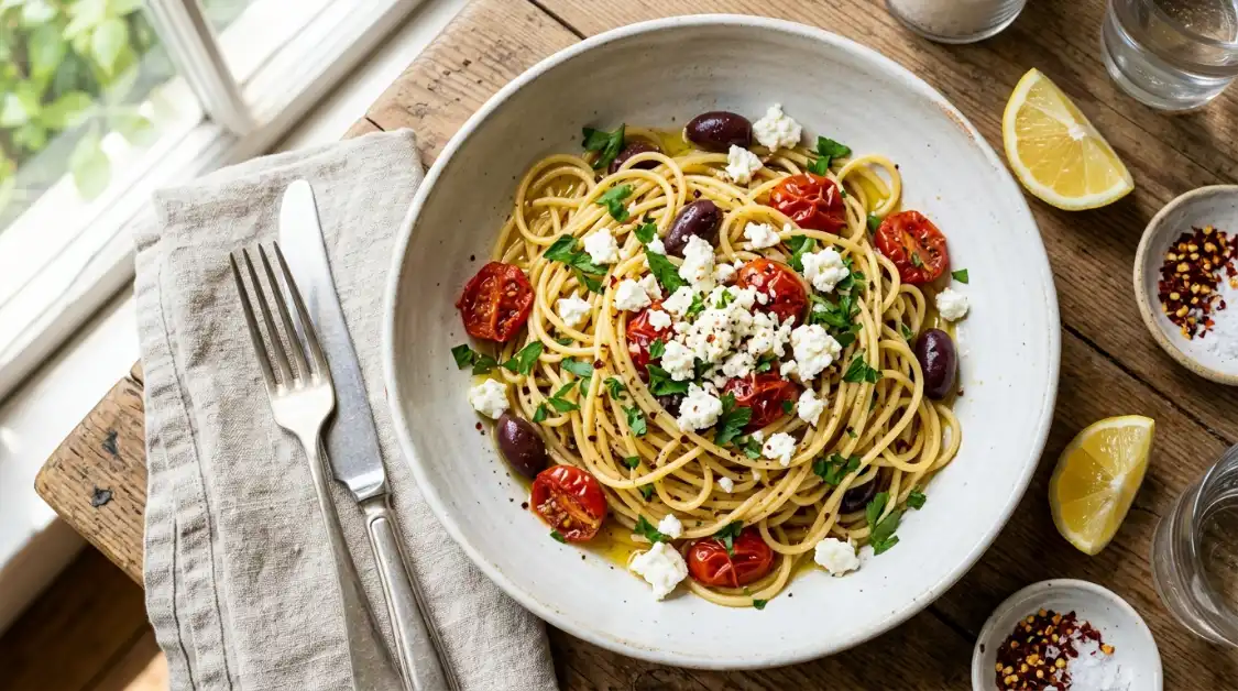 home 3 Aglio e olio Mediterranean spaghetti with cherry tomatoes feta and olives