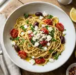 Aglio e Olio Mediterranean: 5 Irresistible Flavor Secrets 2 Golden garlic oil spaghetti with cherry tomatoes, crumbled feta and kalamata olives
