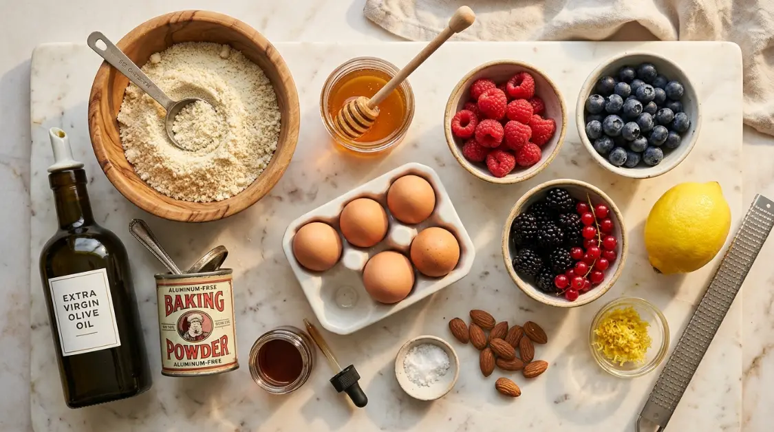 Alt: Almond flour cake spring berries ingredients : blanched superfine almond flour, large eggs, thyme honey, extra-virgin olive oil, baking powder , fine sea salt, spring berries, powdered sugar 
