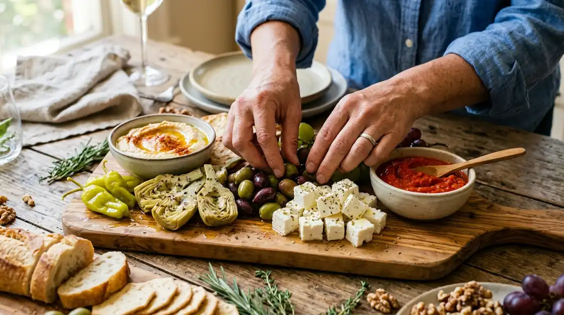 Arranging cubed feta cheese and mixed olives on ultimate Mediterranean mezze platter