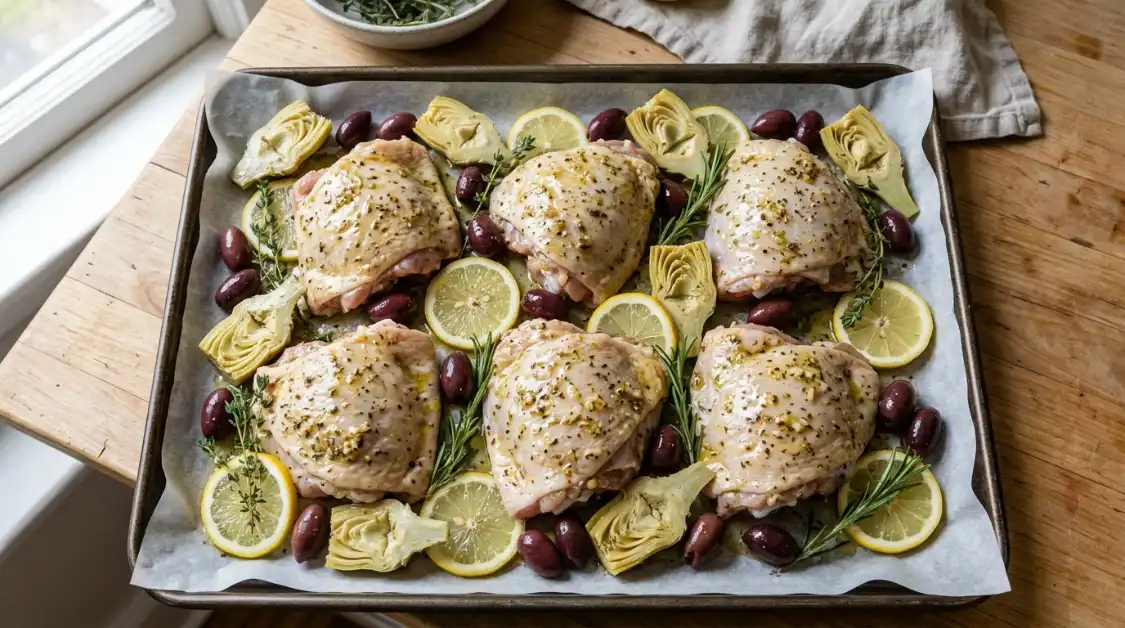 Assembled sheet pan with honey-glazed chicken thighs, artichokes, and olives before baking