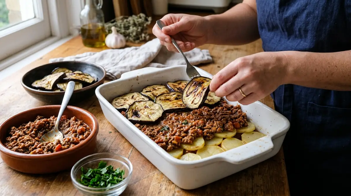 assembling-moussaka-layers-eggplant-beef Assembling moussaka layers with roasted eggplant and meat sauce in baking dish