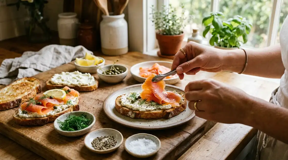 assembling-smoked-salmon-mediterranean-toast Layering smoked salmon onto whipped feta toast during Mediterranean toast assembly