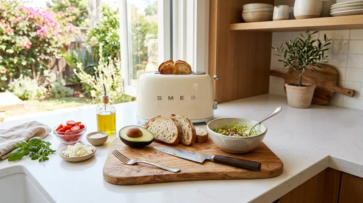 avocado-toast-mediterranean-equipment-tools Kitchen tools and equipment needed for making avocado toast Mediterranean style including cutting board, knife, and fork