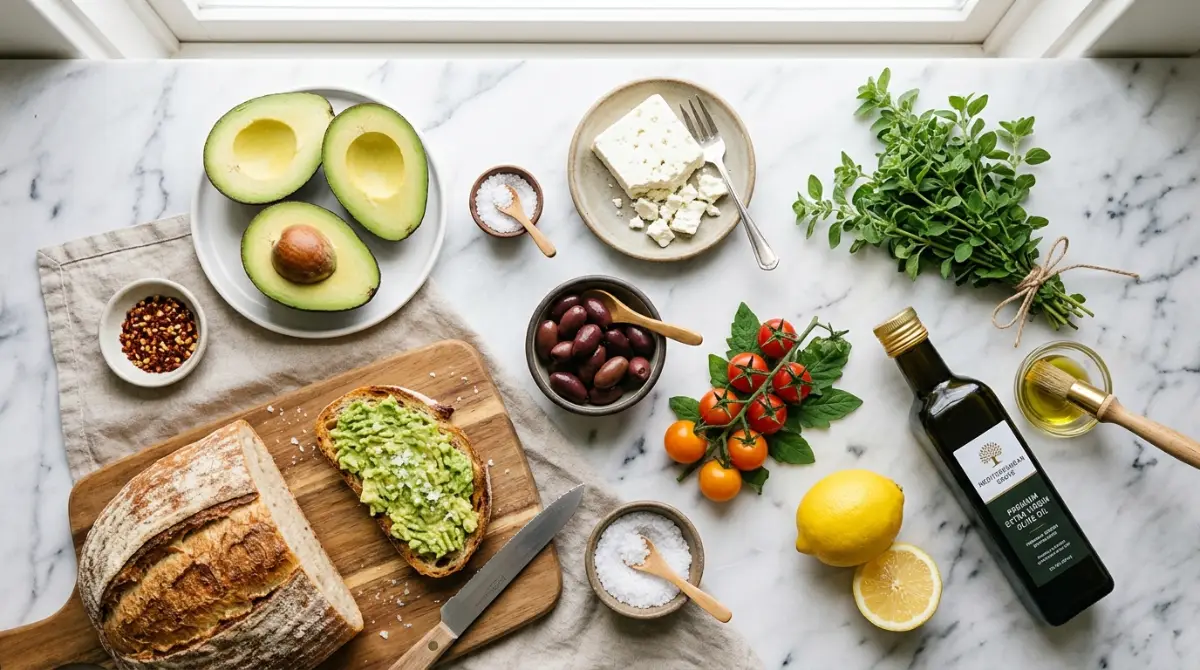 avocado-toast-mediterranean-ingredients-flat-lay Flat lay of all avocado toast Mediterranean style ingredients including Ripe avocado, Sourdough bread, Feta cheese, Kalamata olives, Cherry tomatoes, Extra virgin olive oil, Fresh oregano, Lemon juice