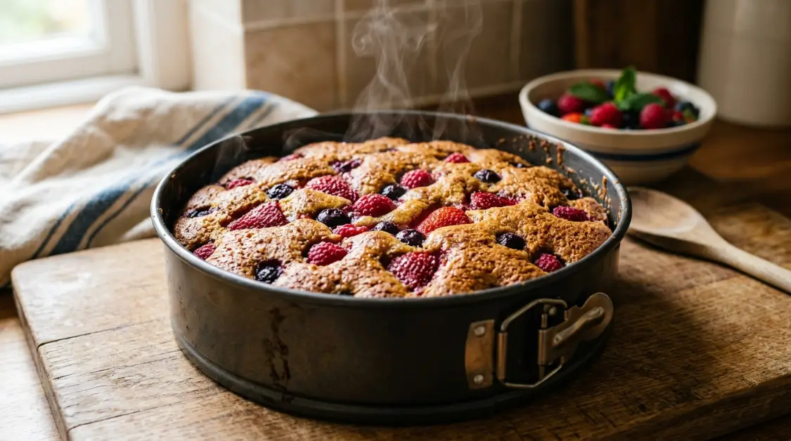Freshly baked almond flour cake spring berries from oven 