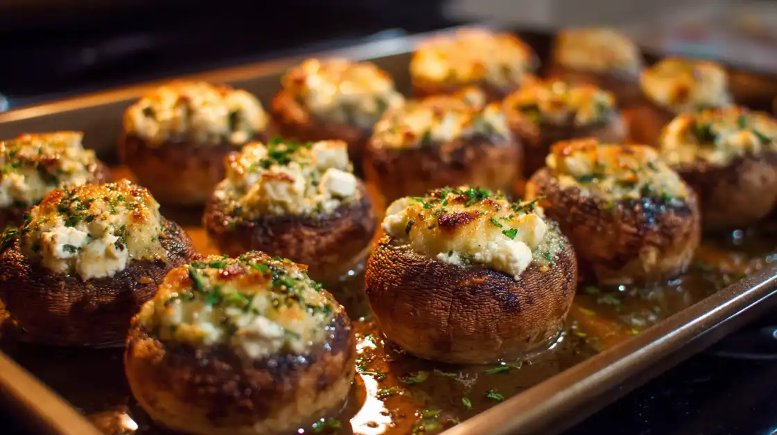 Baked Mediterranean stuffed mushrooms with golden breadcrumb tops